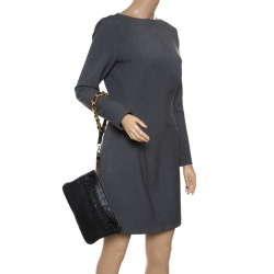 Pre Owned Moschino Black Leather Logo Embossed Wristlet Pouch