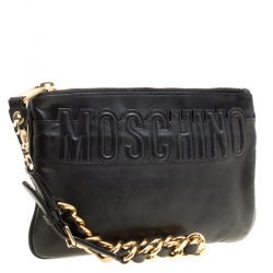 Pre Owned Moschino Black Leather Logo Embossed Wristlet Pouch