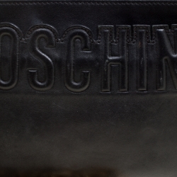 Pre Owned Moschino Black Leather Logo Embossed Wristlet Pouch