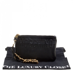 Pre Owned Moschino Black Leather Logo Embossed Wristlet Pouch