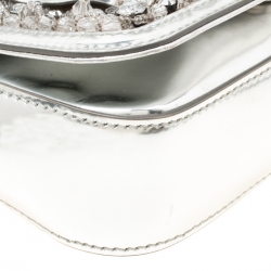Pre Owned Moschino Silver Laminated Leather Crystal Embellished Shoulder Bag