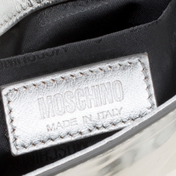 Pre Owned Moschino Silver Laminated Leather Crystal Embellished Shoulder Bag