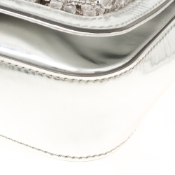 Pre Owned Moschino Silver Laminated Leather Crystal Embellished Shoulder Bag