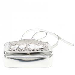 Pre Owned Moschino Silver Laminated Leather Crystal Embellished Shoulder Bag
