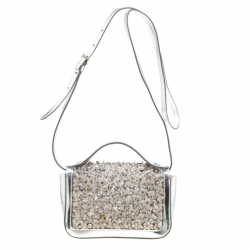 Pre Owned Moschino Silver Laminated Leather Crystal Embellished Shoulder Bag