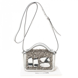 Pre Owned Moschino Silver Laminated Leather Crystal Embellished Shoulder Bag