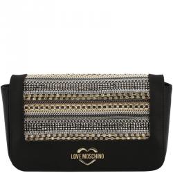 Pre Owned Love Moschino Black Faux Leather Embellished WOC Clutch Bag
