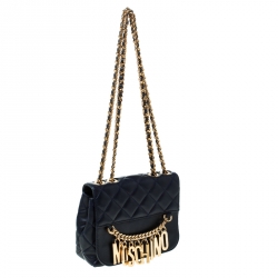 Pre Owned Moschino Navy Blue Quilted Leather Flap Shoulder Bag