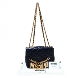 Pre Owned Moschino Navy Blue Quilted Leather Flap Shoulder Bag