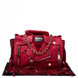 Pre Owned Moschino Red Leather and Suede Fringed Moto Jacket Bag