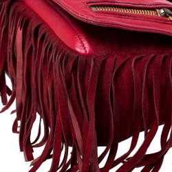 Pre Owned Moschino Red Leather and Suede Fringed Moto Jacket Bag