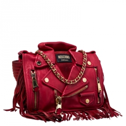 Pre Owned Moschino Red Leather and Suede Fringed Moto Jacket Bag
