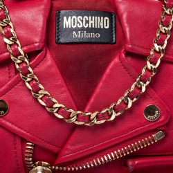 Pre Owned Moschino Red Leather and Suede Fringed Moto Jacket Bag