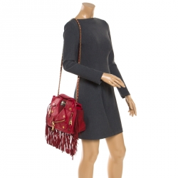 Pre Owned Moschino Red Leather and Suede Fringed Moto Jacket Bag