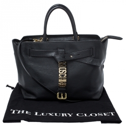 Pre Owned Moschino Black Leather Logo Buckle Tote 
