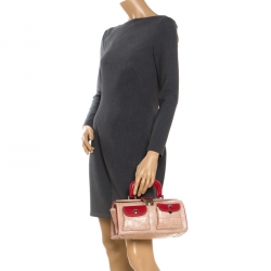 Pre Owned Moschino Beige/Red Crocodile Embossed Leather Top Handle Bag