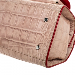 Pre Owned Moschino Beige/Red Crocodile Embossed Leather Top Handle Bag