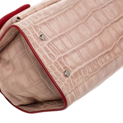 Pre Owned Moschino Beige/Red Crocodile Embossed Leather Top Handle Bag