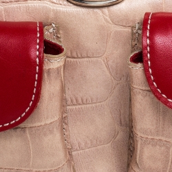 Pre Owned Moschino Beige/Red Crocodile Embossed Leather Top Handle Bag