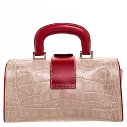 Pre Owned Moschino Beige/Red Crocodile Embossed Leather Top Handle Bag