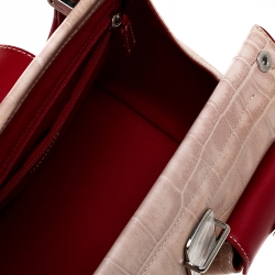 Pre Owned Moschino Beige/Red Crocodile Embossed Leather Top Handle Bag