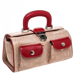 Pre Owned Moschino Beige/Red Crocodile Embossed Leather Top Handle Bag