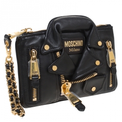 Pre Owned Moschino Black Leather Capsule Biker Jacket Wristlet Clutch