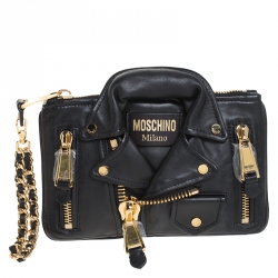 Pre Owned Moschino Black Leather Capsule Biker Jacket Wristlet Clutch