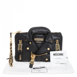 Pre Owned Moschino Black Leather Capsule Biker Jacket Wristlet Clutch
