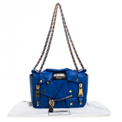Pre Owned Moschino Blue Leather Capsule Biker Jacket Shoulder Bag