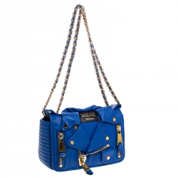 Pre Owned Moschino Blue Leather Capsule Biker Jacket Shoulder Bag
