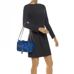Pre Owned Moschino Blue Leather Capsule Biker Jacket Shoulder Bag