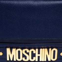 Pre Owned Moschino Blue Leather Logo Flap Shoulder Bag