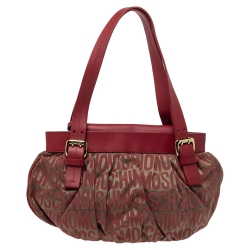 Moschino Red Signature Jacquard Fabric and Leather Heart Charm Hobo