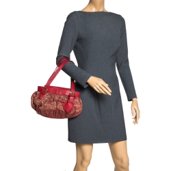 Moschino Red Signature Jacquard Fabric and Leather Heart Charm Hobo