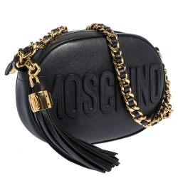 Moschino Black Leather Logo Oval Crossbody Bag