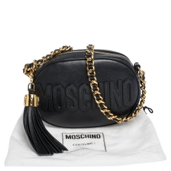 Moschino Black Leather Logo Oval Crossbody Bag