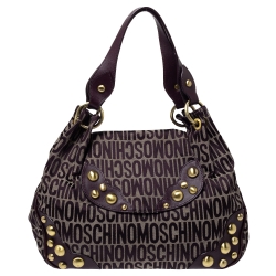 Pre Owned Moschino Plum Signature Canvas and Leather Studded Flap Shoulder Bag