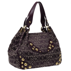 Pre Owned Moschino Plum Signature Canvas and Leather Studded Flap Shoulder Bag