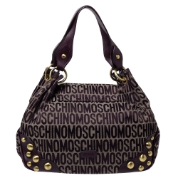 Pre Owned Moschino Plum Signature Canvas and Leather Studded Flap Shoulder Bag