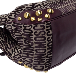 Pre Owned Moschino Plum Signature Canvas and Leather Studded Flap Shoulder Bag