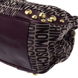 Pre Owned Moschino Plum Signature Canvas and Leather Studded Flap Shoulder Bag