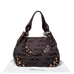 Pre Owned Moschino Plum Signature Canvas and Leather Studded Flap Shoulder Bag