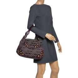 Pre Owned Moschino Plum Signature Canvas and Leather Studded Flap Shoulder Bag