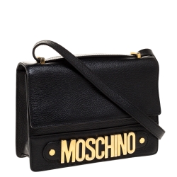 Pre Owned Moschino Black Leather Logo Flap Shoulder Bag