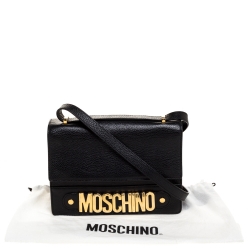 Pre Owned Moschino Black Leather Logo Flap Shoulder Bag