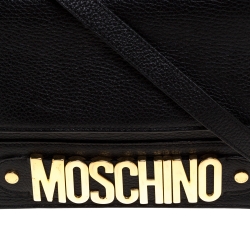 Pre Owned Moschino Black Leather Logo Flap Shoulder Bag