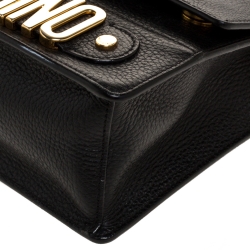 Pre Owned Moschino Black Leather Logo Flap Shoulder Bag