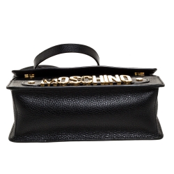 Pre Owned Moschino Black Leather Logo Flap Shoulder Bag