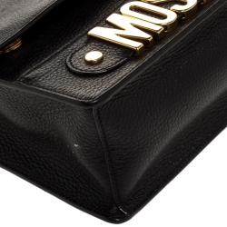 Pre Owned Moschino Black Leather Logo Flap Shoulder Bag